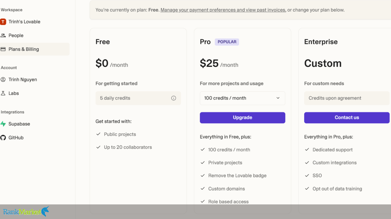 Lovable.dev Pro group buy account $80.00 at RankMarket