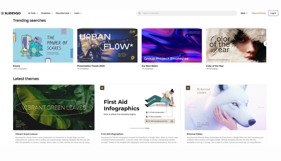 Slidesgo official homepage showing professional presentation templates compatible with Google Slides, PowerPoint, and Canva