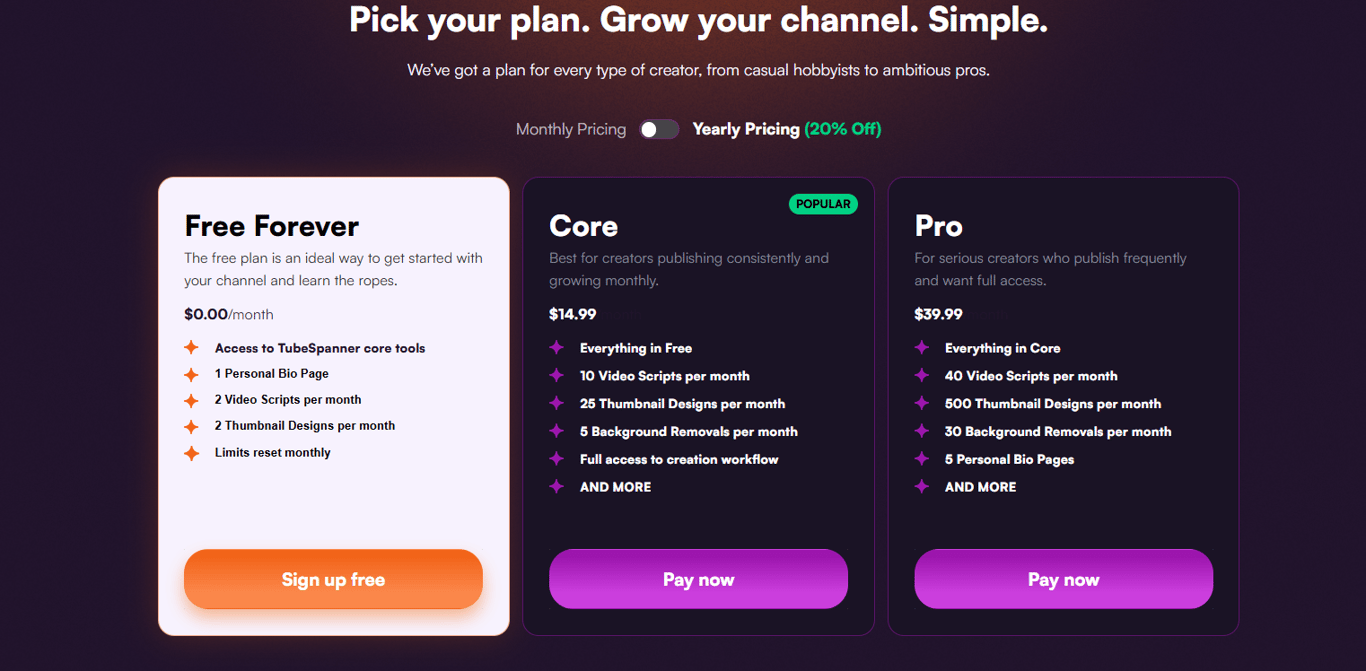 tubespanner-pricing-plans-comparing-free-forever-core-and-pro-yearly-subscription-cards