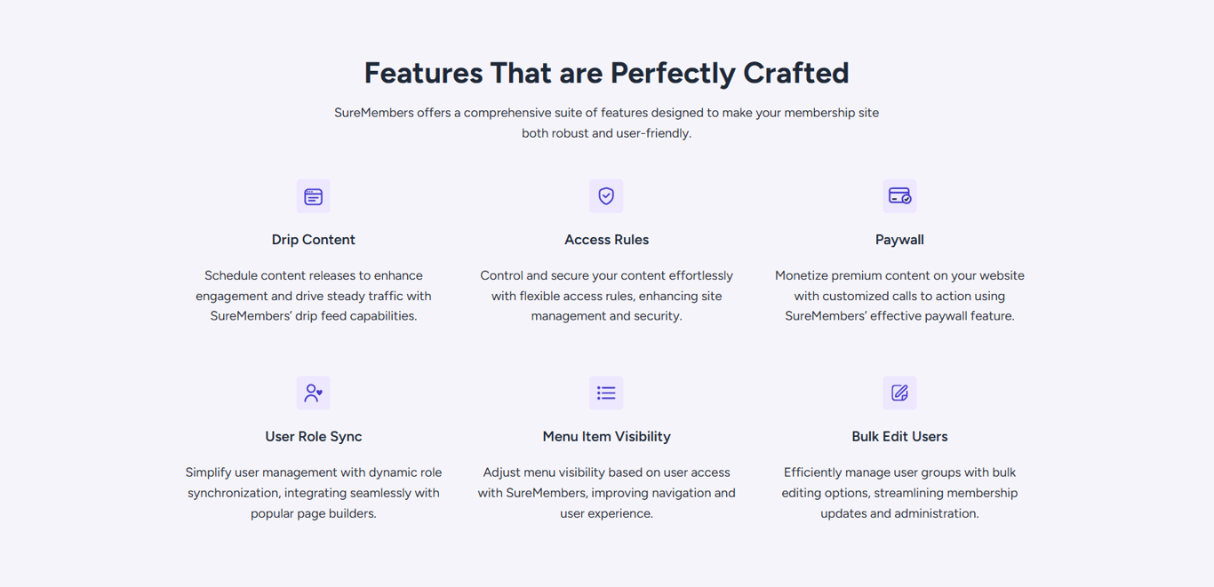 SureMembers membership features including access groups, drip content, and file protection