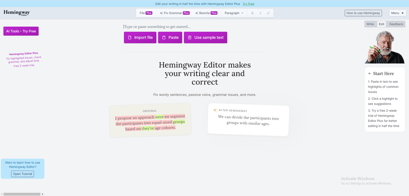 Hemingway Editor official website interface showing online writing editor