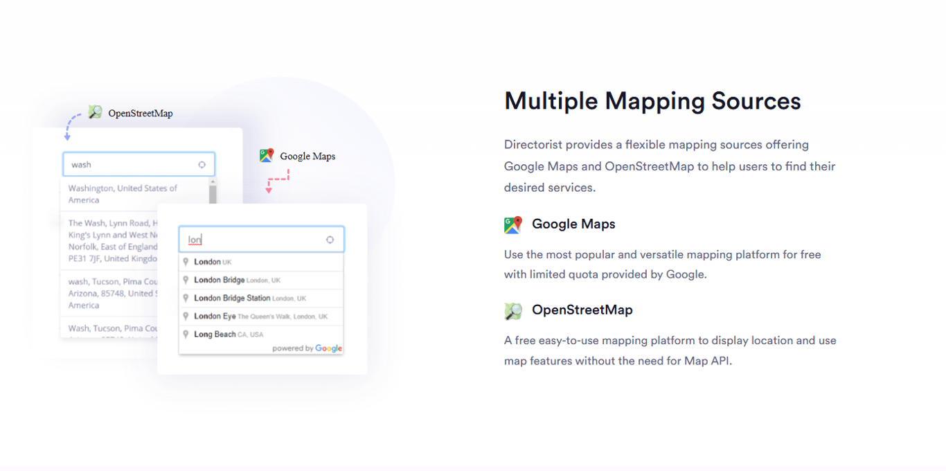 Directorist directory listings displayed on Google Maps and OpenStreetMap with interactive location markers