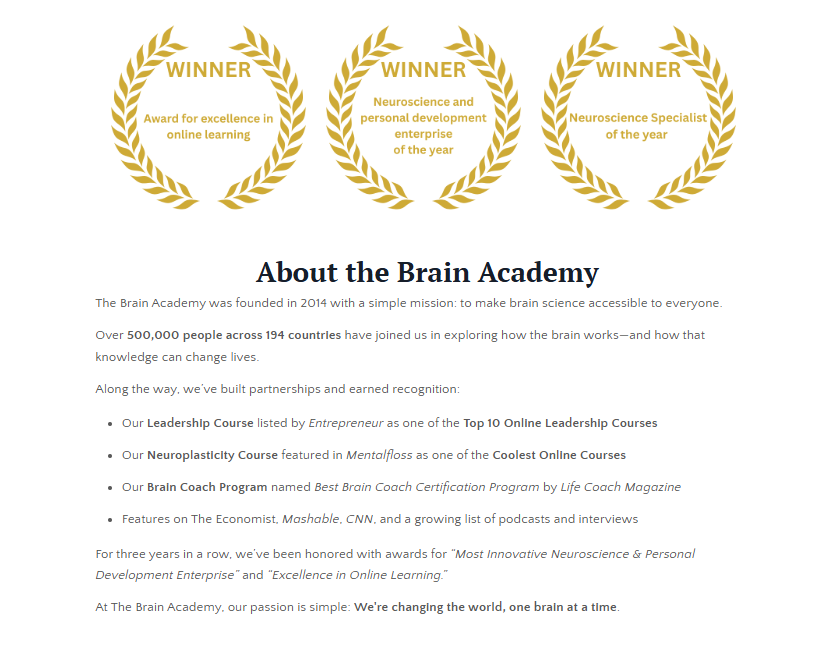 about-the-brain-academy-reputation-section-showing-online-learning-winner-laurels