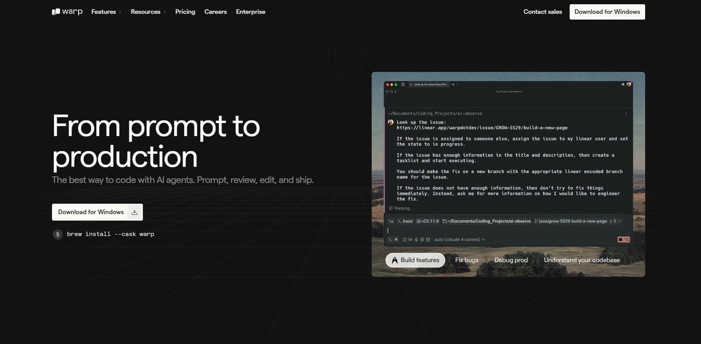 Warp.dev homepage interface 