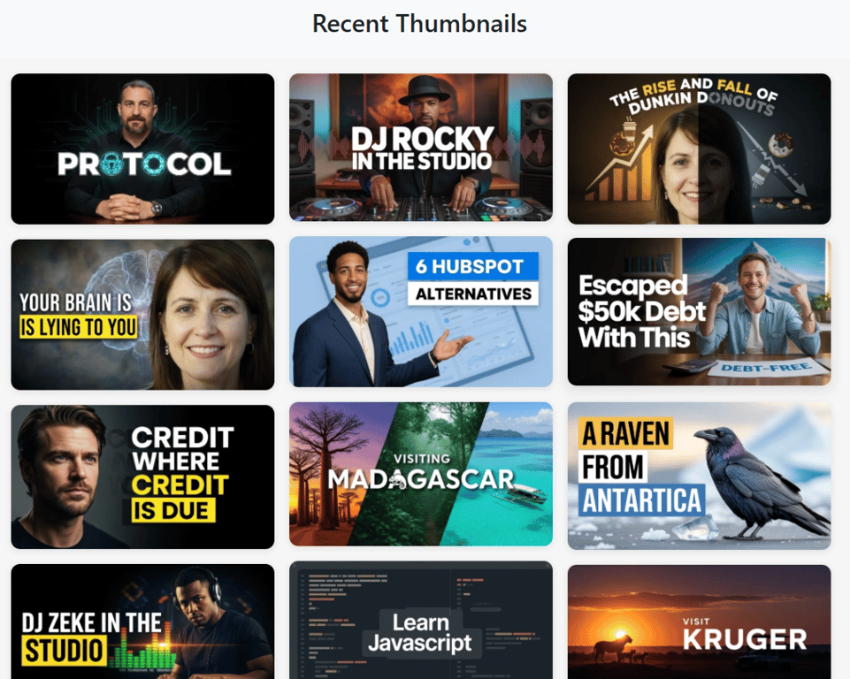 thumbnail-ai-recent-designs-grid-showing-diverse-video-cover-layouts-with-bold-fonts-and-vibrant-backgrounds