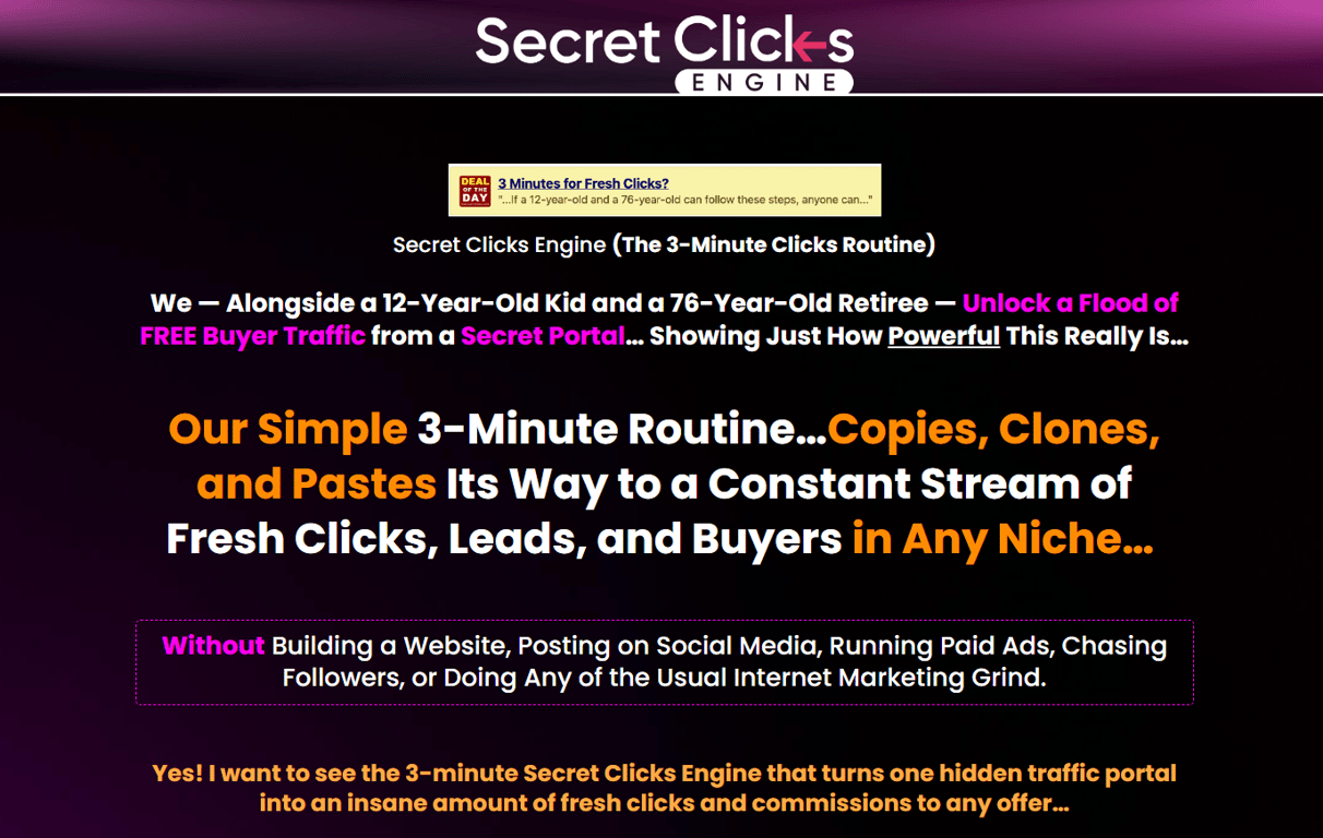 secret-clicks-engine-homepage-banner-three-minute-routine-for-free-buyer-traffic-and-commissions