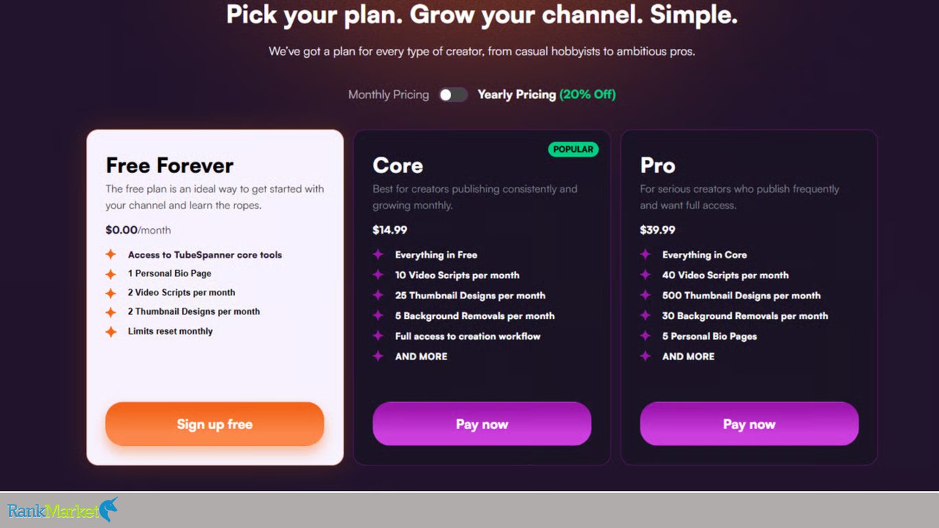 Tubespanner-Pricing-Plans-Comparing-Free-Forever-Core-And-Pro-Yearly-Subscription-Cards