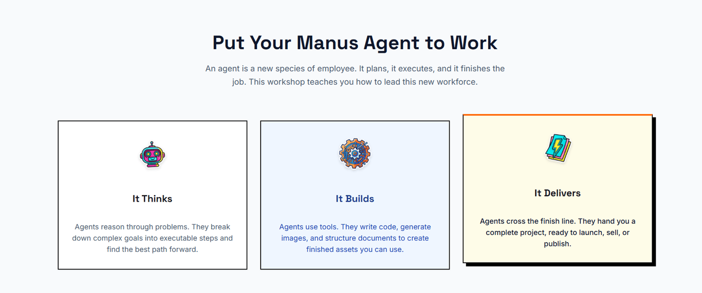 Manus Workshop step-by-step training framework using AI agents for execution