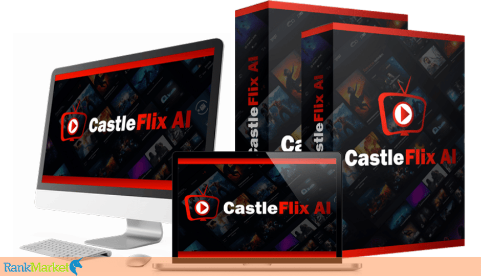 Castleflix Ai Streaming Platform Shown On Desktop, Laptop And Product Boxes
