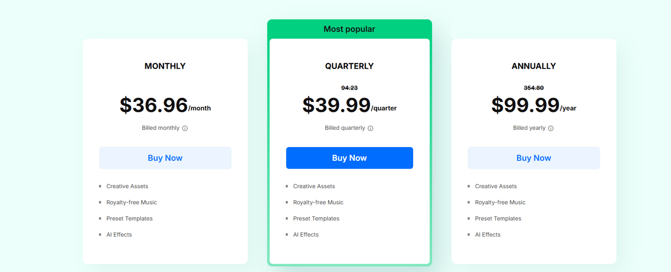 Wondershare Filmstock subscription pricing options displayed from Free, Standard, to Premium annual plans for creators and video editors