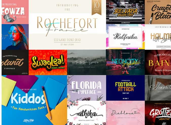 PicaStock illustration library interface showing categories for designers to browse logos, fonts, and editable graphics