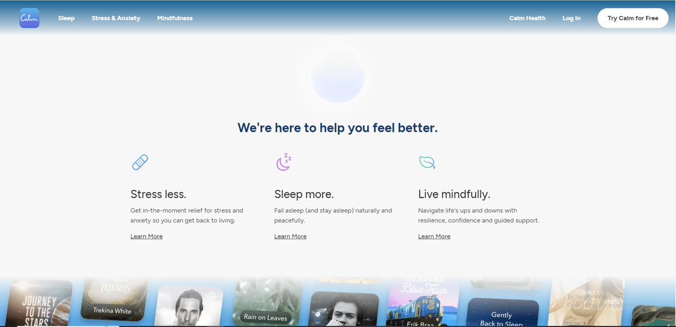 Calm meditation and sleep app interface