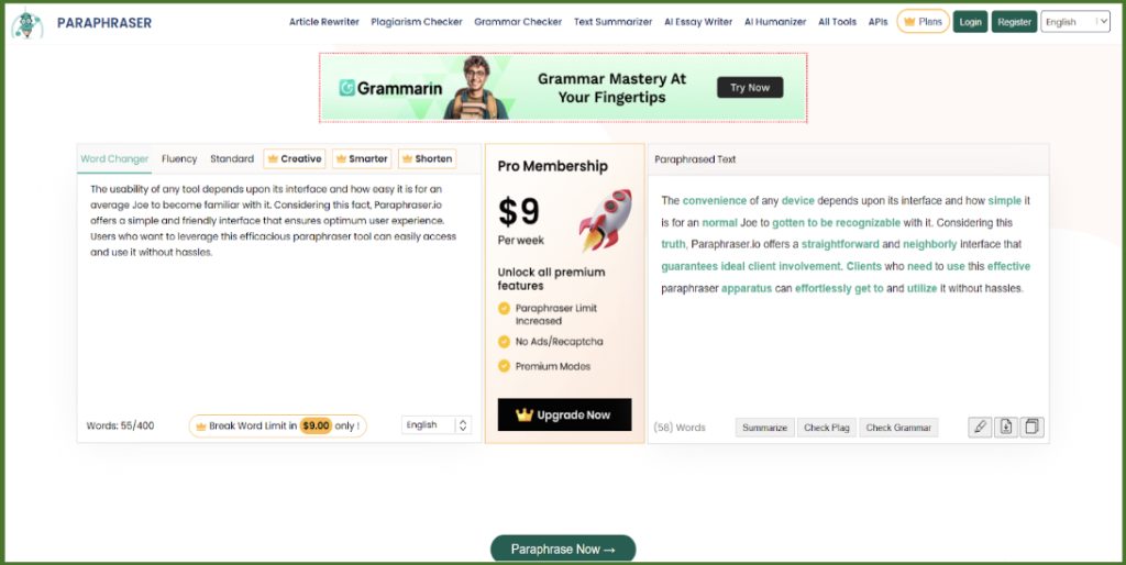Paraphraser text rewriting and sentence improvement features
