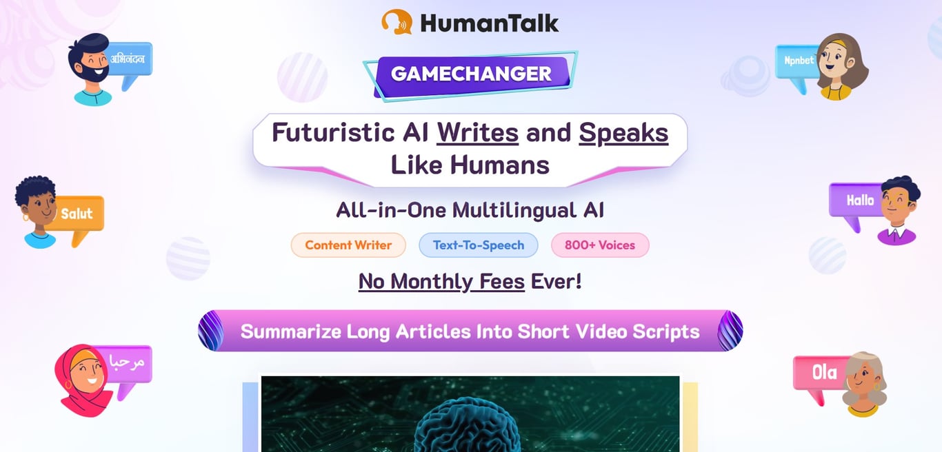 HumanTalk AI Text-to-Speech software homepage and Script Generator.