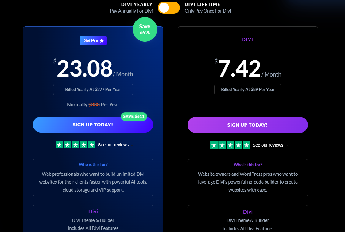 Official Elegant Themes Divi pricing table showing membership plans and feature comparison