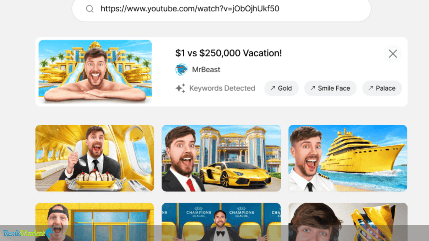 Keyword Thumbnail Search Tool Interface On Viewstats Pro, Displaying Featured Thumbnails From Youtube.