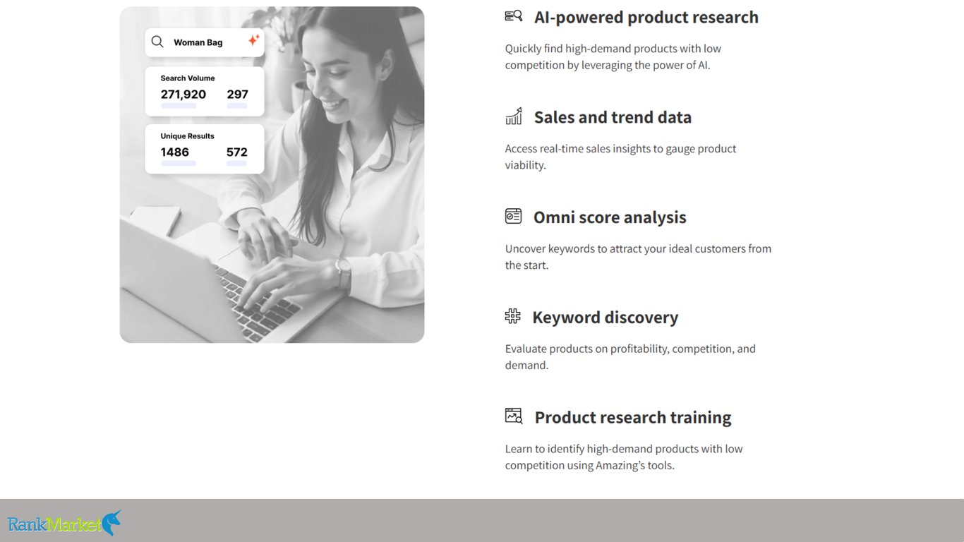 Product-Research-Feature-List-Beside-A-Monochrome-Photo-Of-A-Woman-Analyzing-Search-Volume-And-Keyword-Discovery-Metrics-On-Her-Laptop