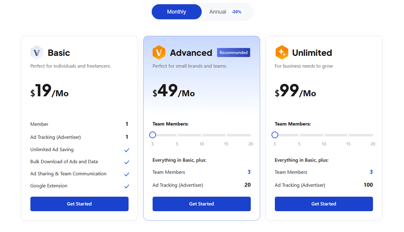 adslibrary-pricing-plans-comparing-basic-advanced-and-unlimited-monthly-subscription-cards