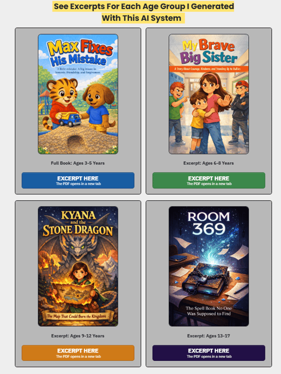 my-bestseller-kids-story-generator-age-group-excerpts-grid-showing-four-different-children-book-covers