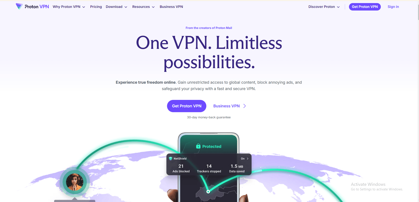 Proton VPN application dashboard displaying secure connection status and server selection.