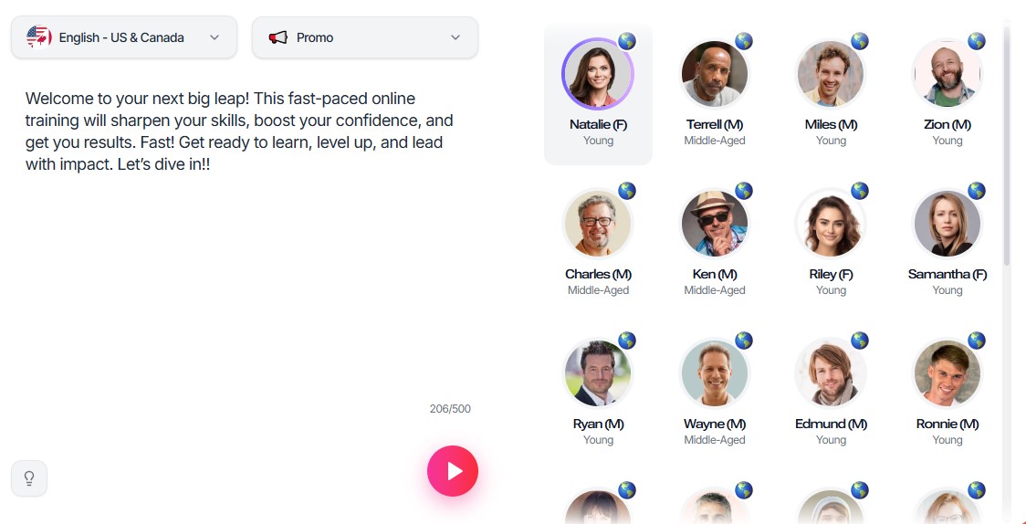 AI voice and language options in Murf.AI software