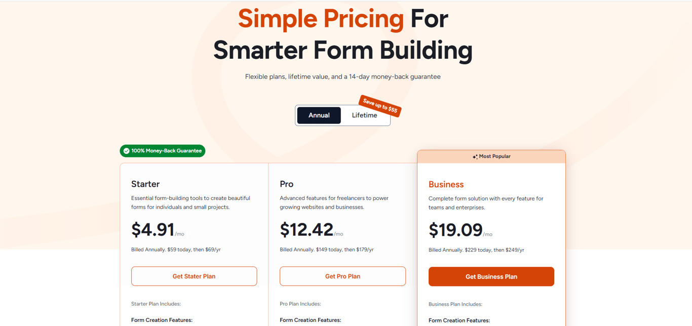 SureForms pricing chart highlighting plans for WordPress freelancers, agencies, and business websites with clear feature breakdowns