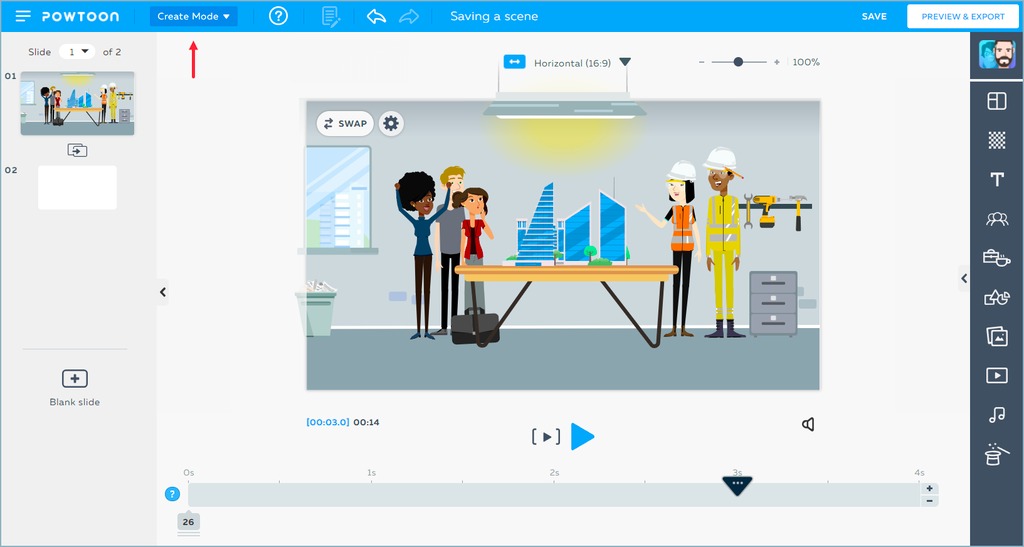 Powtoon's drag-and-drop interface displays a timeline and professional animation tools.