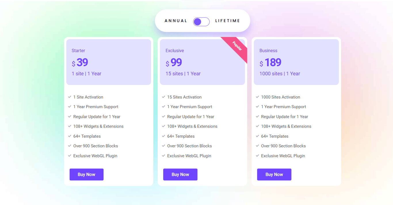 Detailed pricing comparison chart of Exclusive Addons license plans for Elementor users including personal freelancer and agency packages