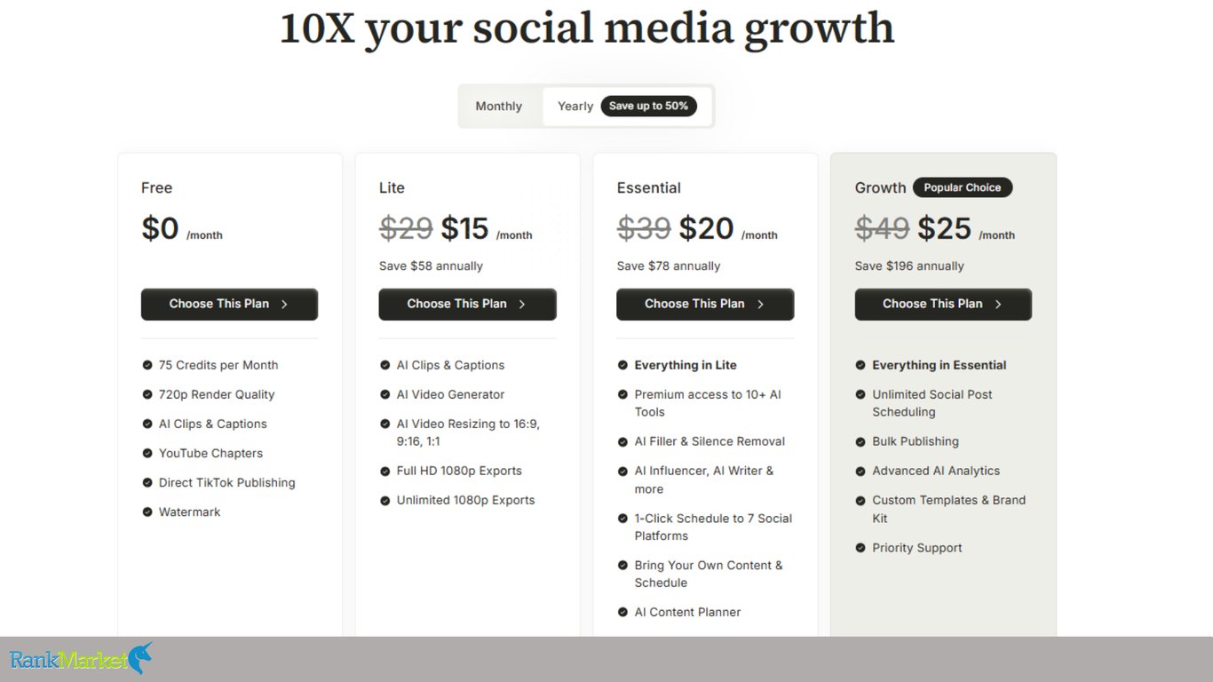 Four-Column-Pricing-Table-Displaying-Annual-Membership-Rates-For-Free-At-0-Dollars-Lite-At-15-Essential-At-20-And-Growth-At-25-Dollars-Per-Month
