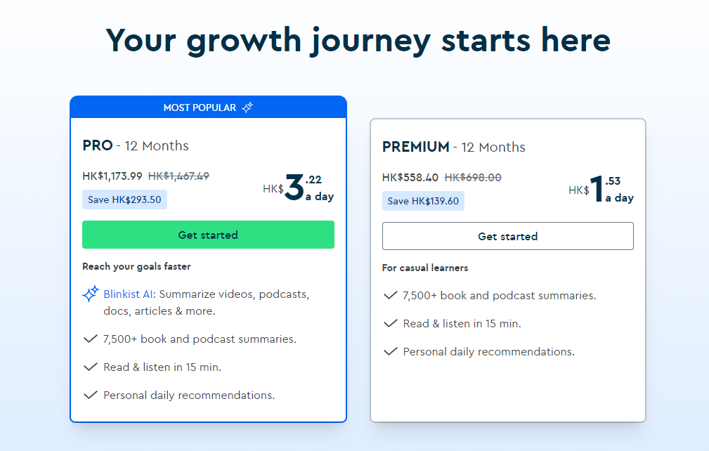 Blinkist pricing plans