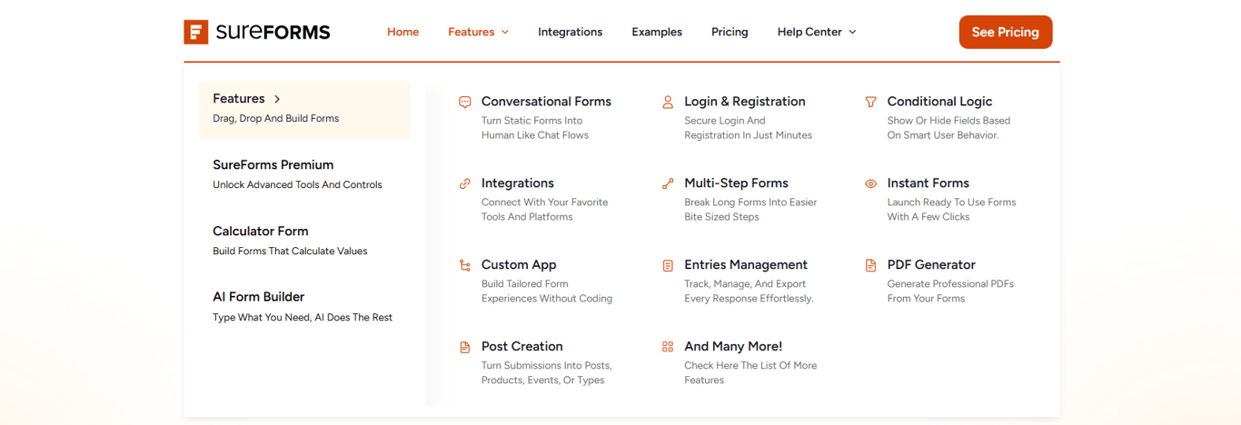 SureForms key features for WordPress including automated workflows, data management, AI-powered form creation, and payment integration