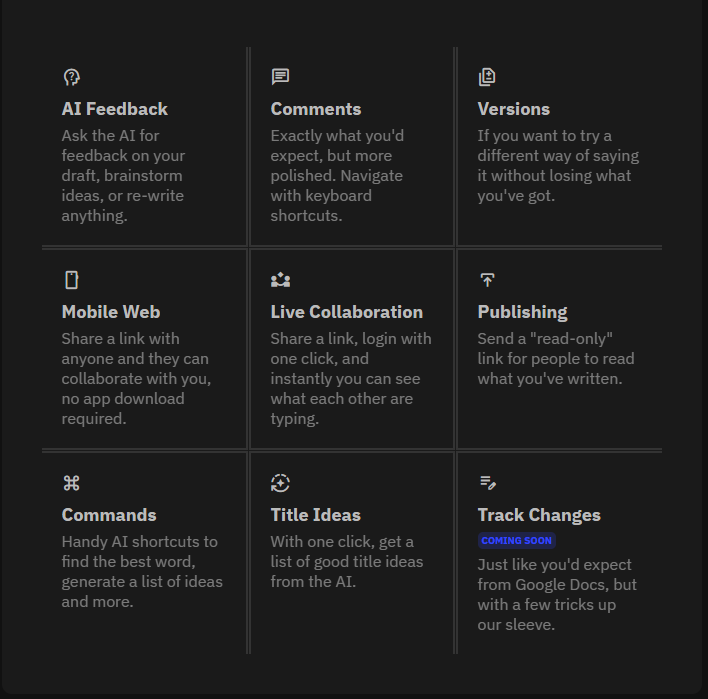 Lex AI writing features dashboard with drafting tools and editing checks