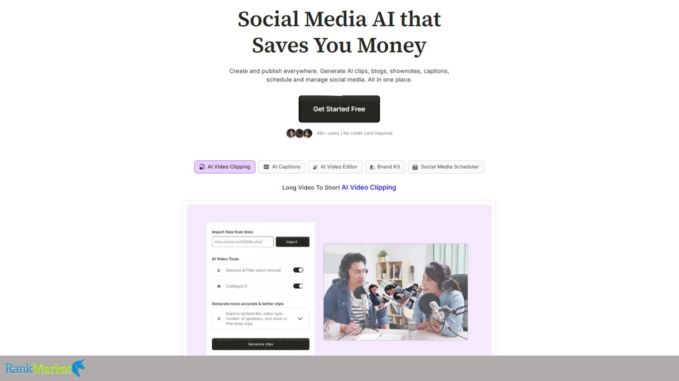 Website-Hero-Section-Titled-Social-Media-Ai-That-Saves-You-Money-Showing-An-Ai-Video-Clipping-Interface-With-Podcast-Hosts
