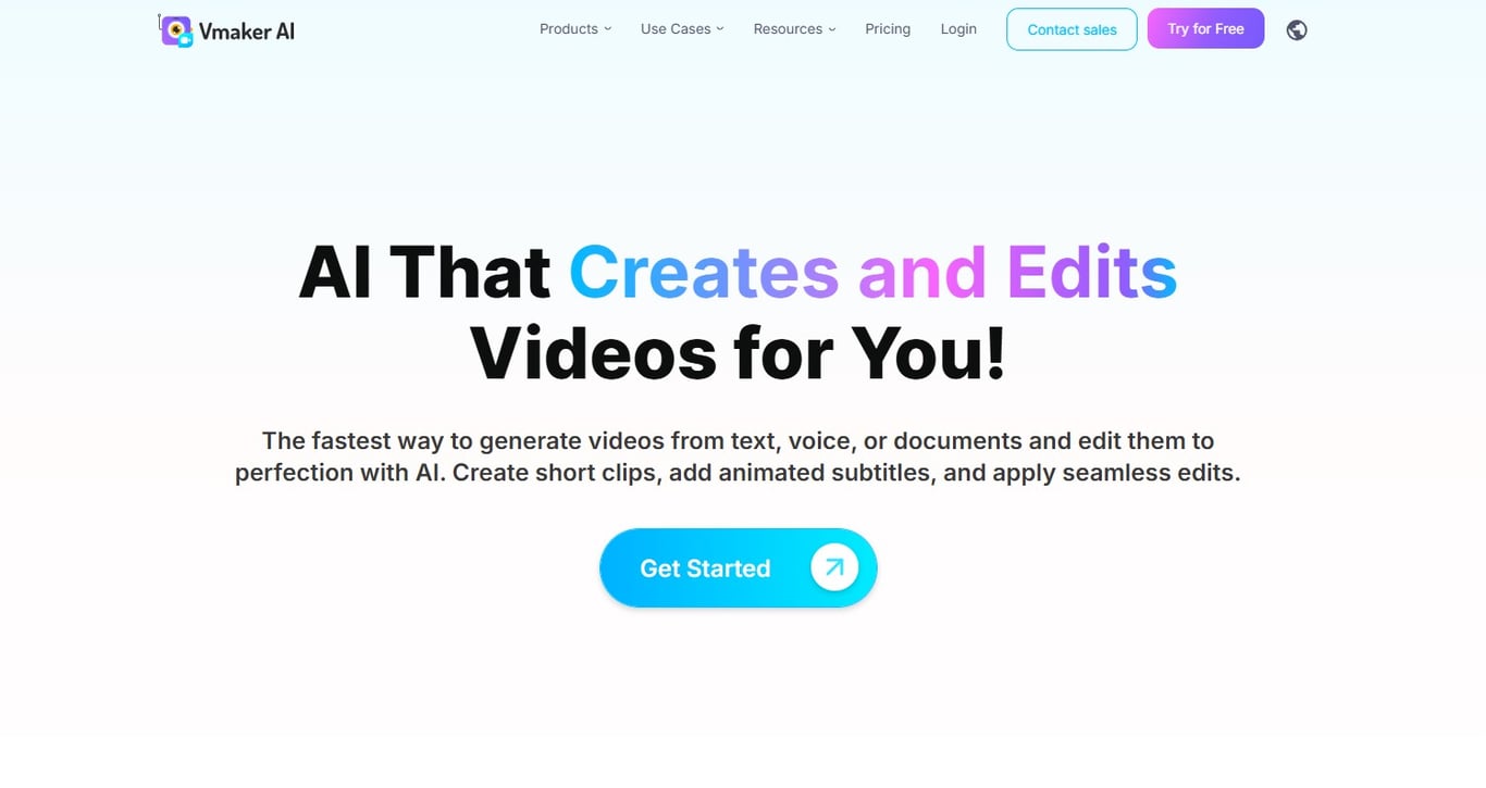 Vmaker AI homepage - automatic AI video editing tool.