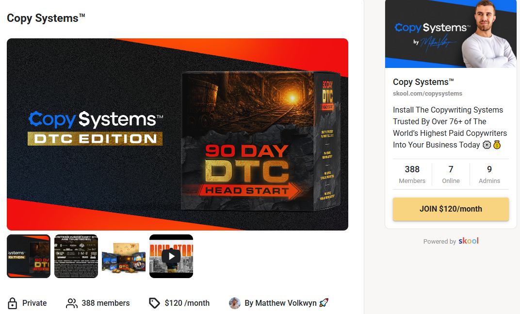 Copy-Systems-DTC-Edition-community-on-skool-platform-featuring-ninety-day-head-start-program