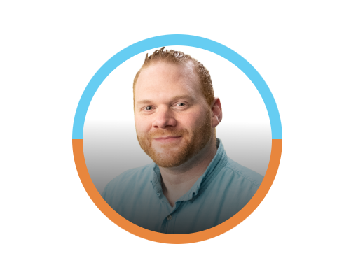 Circular-headshot-portrait-of-LinkedIn-advertising-expert-AJ-Wilcox-with-blue-and-orange-border