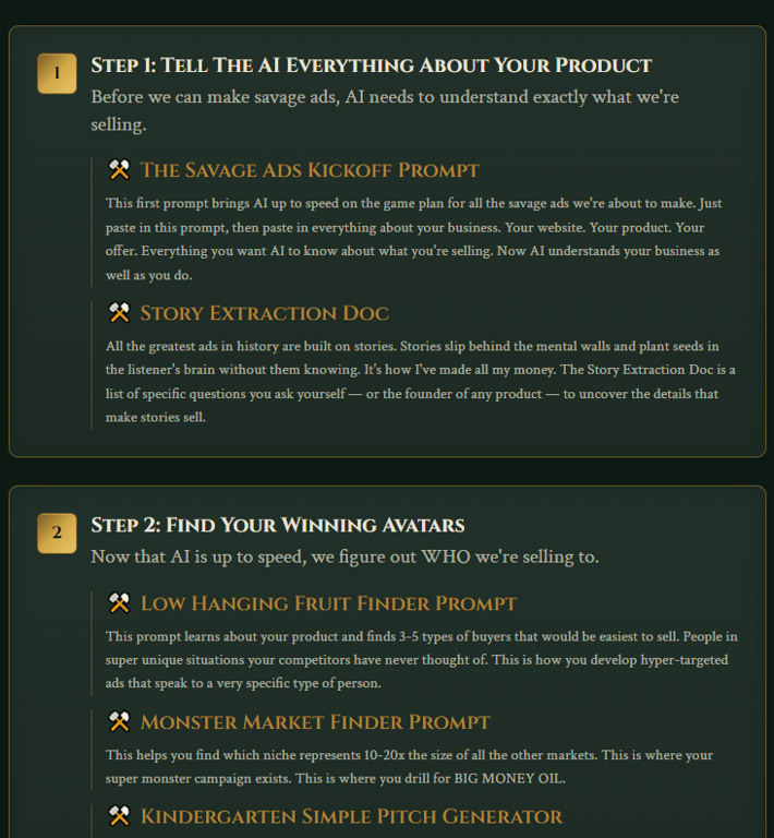 Savage-Ads-workflow-step-one-product-story-extraction-and-step-two-winning-avatars-finder-prompts