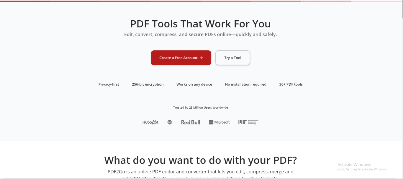 PDF2Go online PDF tool interface.