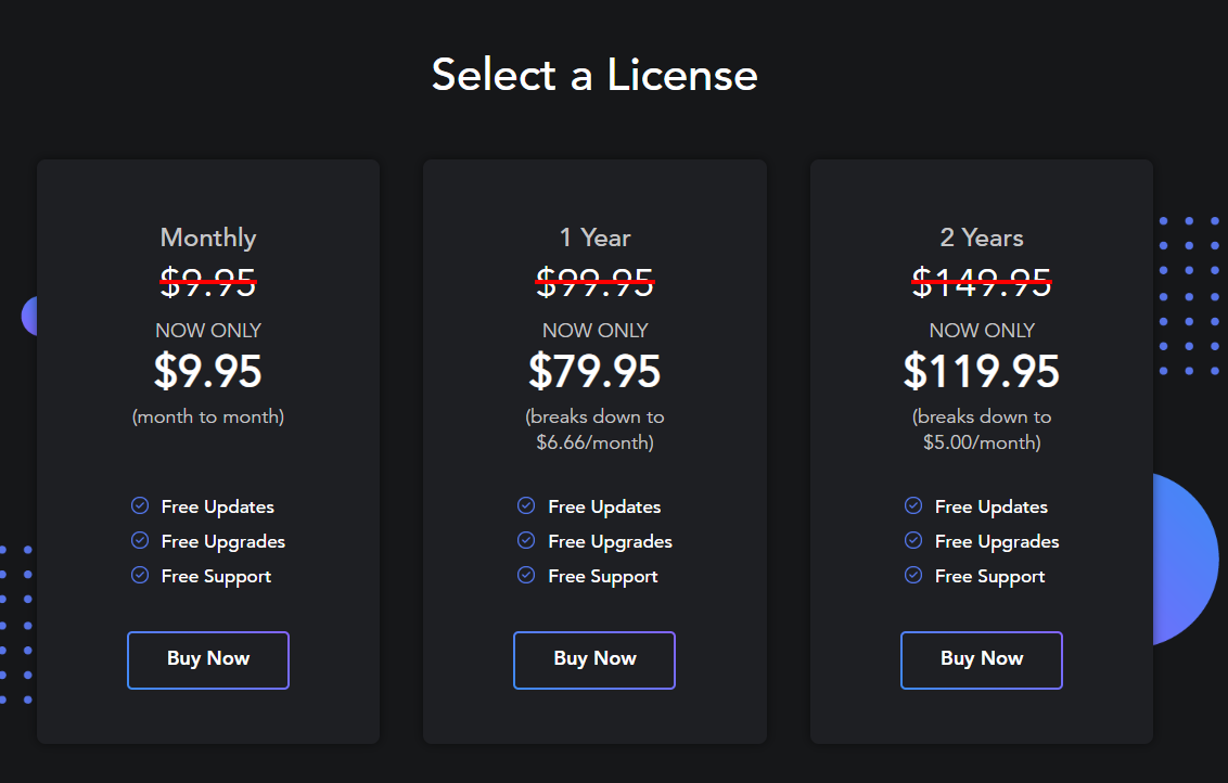 Three-column-grid-of-monochrome-pricing-cards-featuring-slashed-original-prices-and-blue-checkmarks