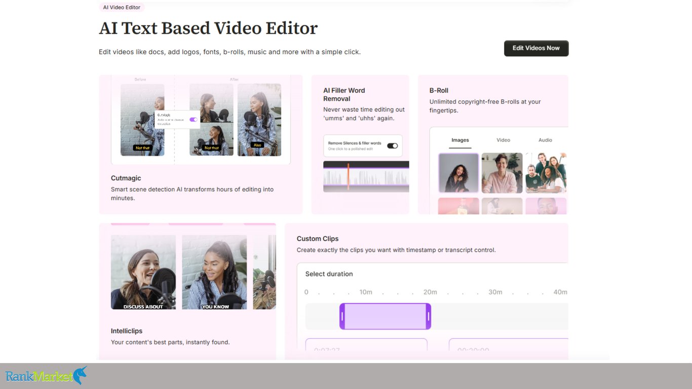 Ai-Text-Based-Video-Editor-Interface-Highlighting-Features-For-Cutmagic-Scene-Detection-Filler-Word-Removal-And-Copyright-Free-B-Roll-Selection