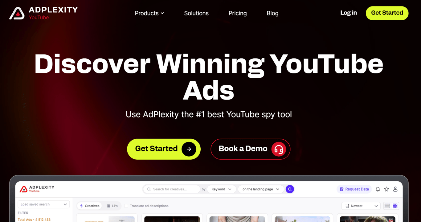 A comprehensive view of the Adspy YouTube dashboard showing video ad analytics and competitor search filters