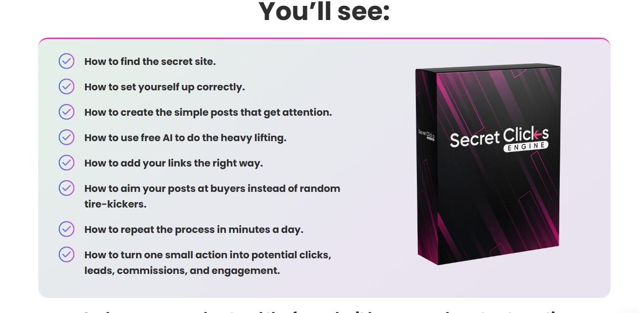 secret-clicks-engine-product-box-with-features-list-covering-secret-site-discovery-and-free-ai-posts