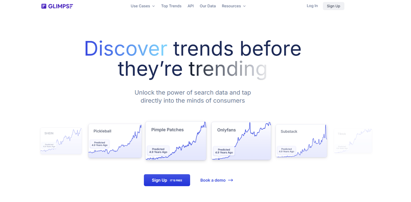 Glimpse-trend-tracker-homepage-displaying-multiple-growth-charts-and-call-to-action-buttons-for-booking-a-demo