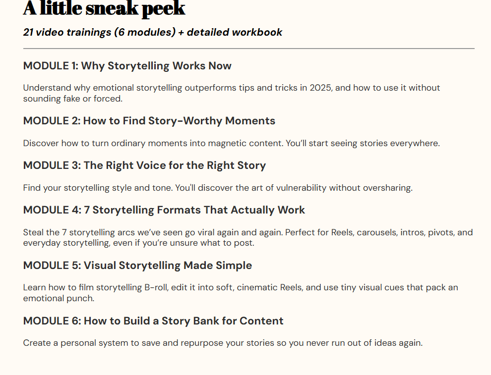 Storytelling-Creator-course-curriculum-six-modules-from-finding-moments-to-building-a-content-story-bank