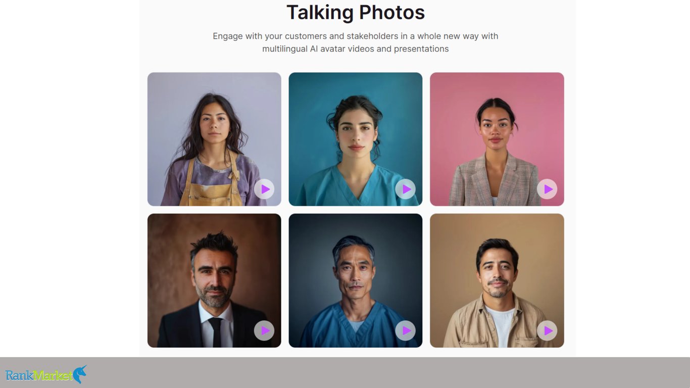 Grid-Layout-Of-Six-Diverse-Human-Portraits-Under-The-Heading-Talking-Photos-With-Purple-Video-Play-Buttons