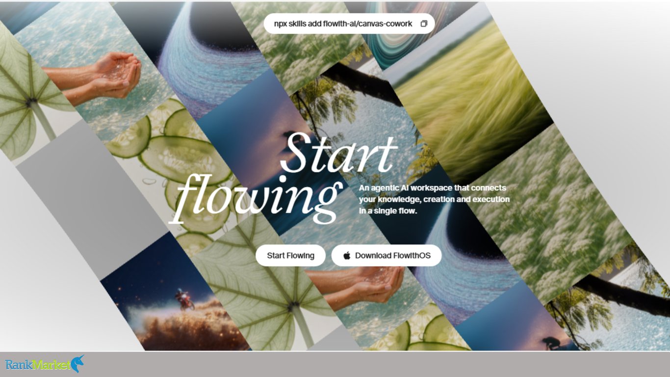 Flowith-Ai-Landing-Page-Hero-Banner-With-A-Diagonal-Mosaic-Of-Nature-And-Abstract-Images-Featuring-The-Headline-Start-Flowing-And-A-Terminal-Command-Shortcut
