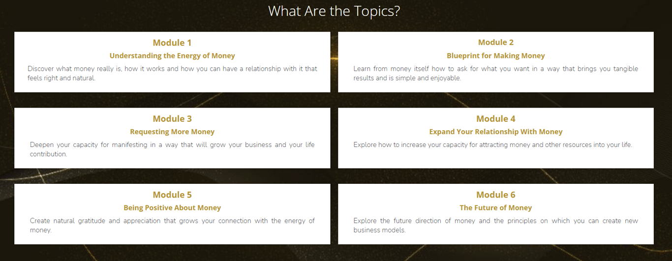 Love-Money-Course-curriculum-six-modules-grid-from-understanding-energy-to-the-future-of-money