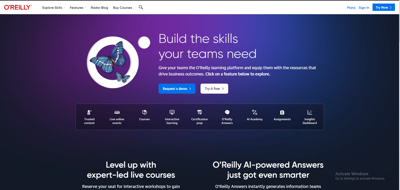 O’Reilly online learning platform dashboard with digital library and video courses