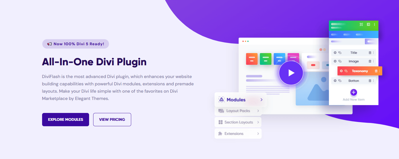 DiviFlash plugin interface showcasing advanced Divi Builder modules and extensions for professional web design