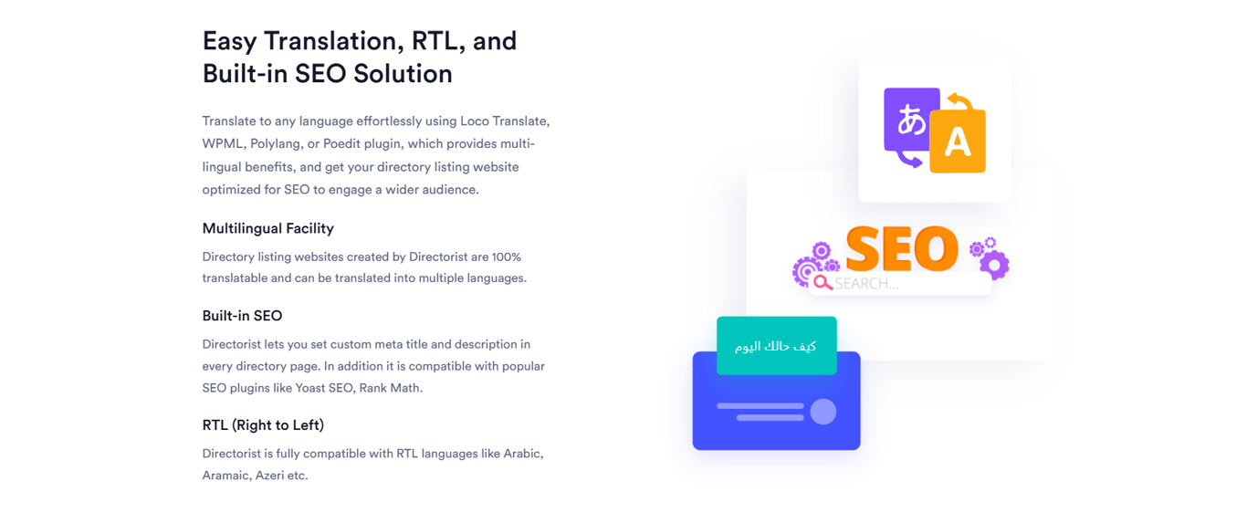 Directorist multilingual support, RTL compatibility, and SEO optimization features overview